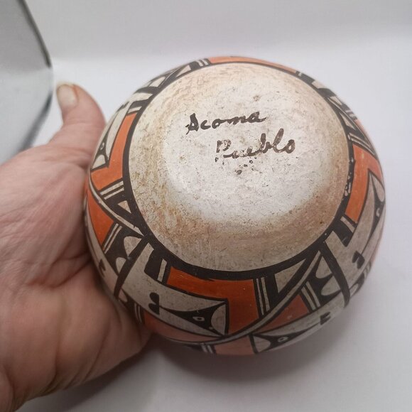 Old Vintage Acoma Pueblo Polychrome Pottery Bowl Olla Pie Crust Rim 3" x 4.5" - Picture 4 of 12